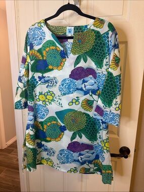 Karma Living XL Floral Cotton Tunic Top in Green & Teal